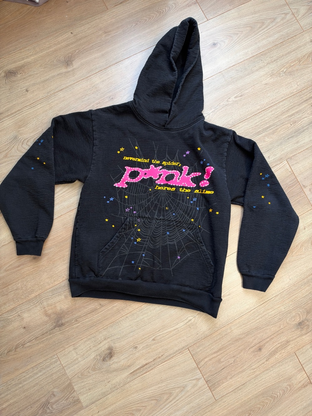 Sp5der Black Graphic Hoodie with Pink 'punk!' Script